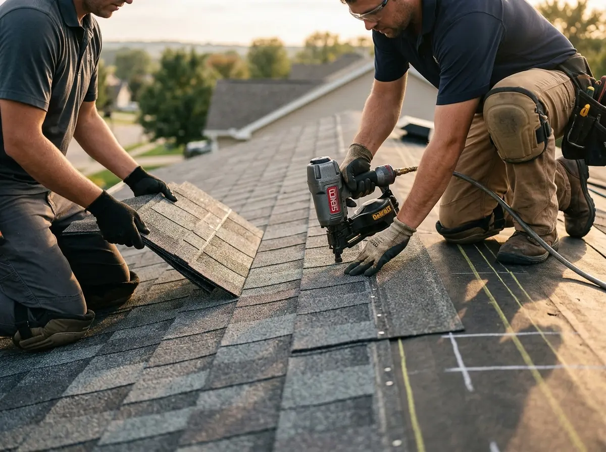 Professional roofer working on a residential roof in Pebble Creek